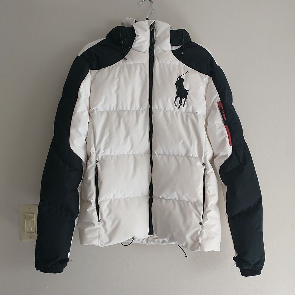 Polo Ralph Lauren Puffer Jacket Mens M Blue Colorblock Hooded Full Zip Pony*READ